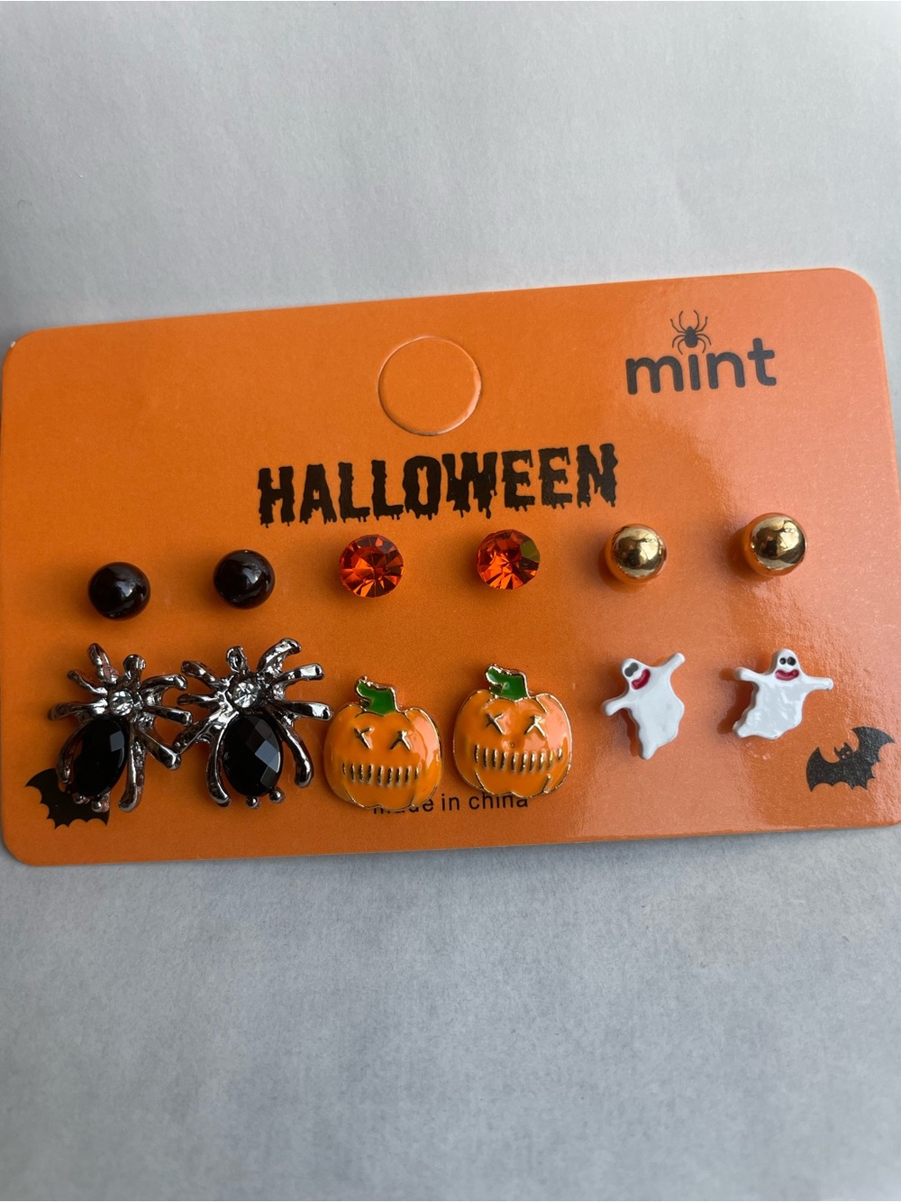 Mint Halloween Earrings Set - Spiders, Pumpkins, Ghosts, Rhinestone studs